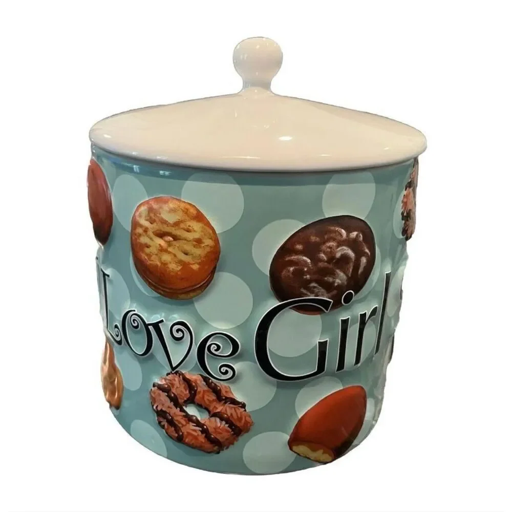 Y2K I Love Girl Scout Cookies Ceramic Jar With Lid Blue 3D Cookie Favorites 2006